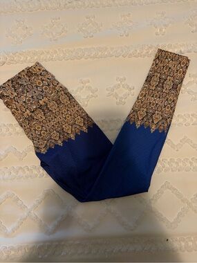 High-Rise Blue Patterned Yoga Pants with Ornate Trim